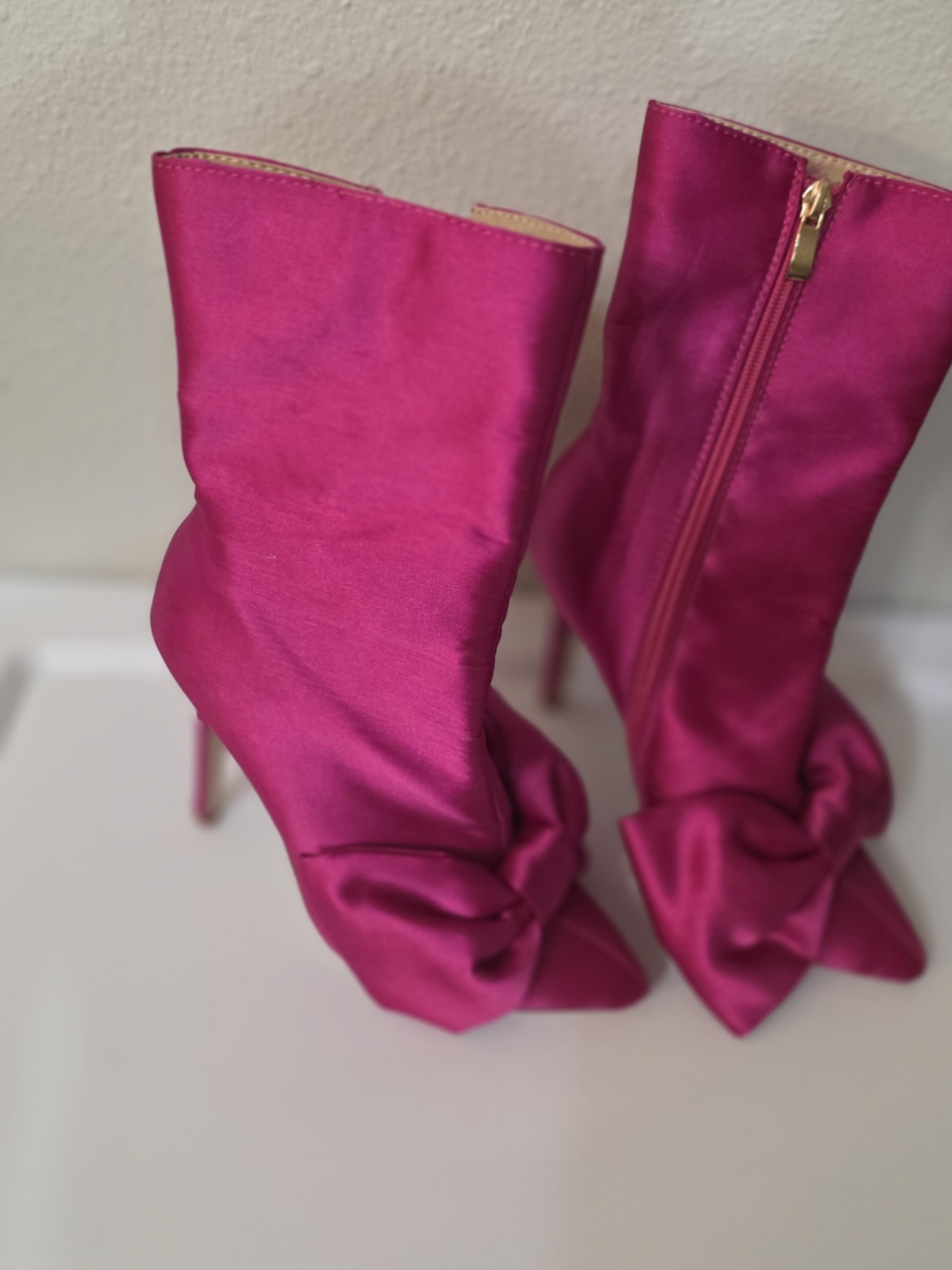 Fuchsia Satin Knot-Accent Stiletto Ankle Boots